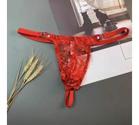 Sheer Lace Sissy Thong for Men with Front Pouch Design(Red One size)