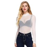 Sheer Mesh Mock Neck Long Sleeve Blouse - Slim Fit Semi-Transparent Top in Light Neutral Shade for Evening Date Night or Daily Wear, Breathable Material with Ribbed Cuffs and Versatile Layering Piece