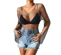 Sheer Mesh Tops for Women Long Sleeves Blouses Hollow Out Tops Sexy See-Through Crop Top Shiny Rhinestones Blouse V Neck Fishnet Crop Tops Slim Fit Transparent T-Shirt Beach Cover Up Party Clubwear