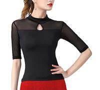 Sheer Mid-Length Sleeves Mesh Yoke Keyhole Neck Latin Salsa Tango Cha Cha Cha Dancewear Tops T Shirts Black