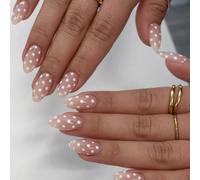 Sheer Nude Almond French Manicure Press On Nails With White Polka Dots - 24PCS Reusable Glossy Artificial Nails For Women Elegant Minimalist Look Daily Wear Special Occasions
