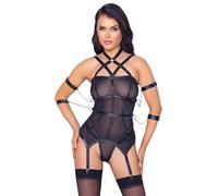 SHEER POWERNET BLACK BONDAGE BASQUE & G-STRING SET