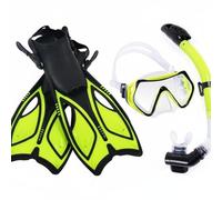 SheerFaring Fins And Snorkel Set With Dry Snorkel Open Heel Adjustable Fins Impact Resistant Comfort Silicone Seal suitable for coastal boat trips underwater, Yellow, S