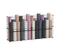 SheerFaring Iron Storage Basket Exercise Mat Organizer Rack Holder With Space Saving Vertical Storage And Wire Grid Panels With, Black, Medium Size, 4 Columns, 2 Layers, 124x32x62cm