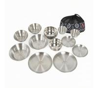 SheerFaring Outdoor Dining Tableware Stainless Steel Backpacking Dinnerware Plates Bowls Nesting Design with Mesh Pouch Easy Portability Suitable for Hiking Trails Lake Days Garden Parties