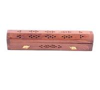 Sheesham Wood Ashcatcher Incense Sticks & Cones Burner Box with Brass Inlay, Elephants