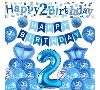 Sheeshee 2nd Birthday Decorations Boys - Blue Large Happy 2nd Birthday yard Banner, Stars Crowns Number 2 Foil Balloons and paper pompoms for 2 Year Olds Party