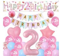 Sheeshee 2nd Birthday Decorations Girls - Pink Large Happy 2nd Birthday yard Banner, Stars Crowns Number 2 Foil Balloons and paper pompoms for 2 Year Olds Party