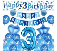 Sheeshee 3rd Birthday Decorations Boys - Blue Large Happy 3rd Birthday yard Banner, Stars Crowns Number 3 Foil Balloons and paper pompoms for 3 Year Olds Party