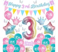 Sheeshee 3rd Birthday Decorations Girls - Color Happy 3rd Birthday Banner and Triangle Flags Garland, Stars Crowns Number 3 Foil Balloons Cake Topper and 3D Butterfly for 3 Year Olds Party