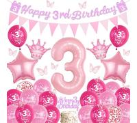 Sheeshee 3rd Birthday Decorations Girls - Pink Happy 3rd Birthday Banner and Triangle Flags Garland, Stars Crowns Number 3 Foil Balloons Cake Topper and 3D Butterfly for 3 Year Olds Party