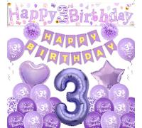 Sheeshee 3rd Birthday Decorations Girls - Purple Large Happy 3rd Birthday yard Banner, Stars Crowns Number 3 Foil Balloons and paper pompoms for 3 Year Olds Party