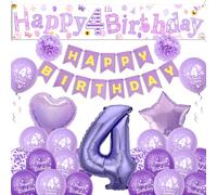 Sheeshee 4th Birthday Decorations Girls - Purple Large Happy 4th Birthday yard Banner, Stars Crowns Number 4 Foil Balloons and paper pompoms for 4 Year Olds Party