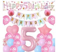 Sheeshee 5th Birthday Decorations Girls - Pink Large Happy 5th Birthday yard Banner, Stars Crowns Number 5 Foil Balloons and paper pompoms for 5 Year Olds Party