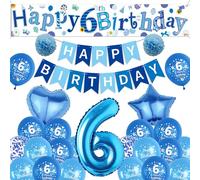 Sheeshee 6th Birthday Decorations Boys - Blue Large Happy 6th Birthday yard Banner, Stars Crowns Number 6 Foil Balloons and paper pompoms for 6 Year Olds Party