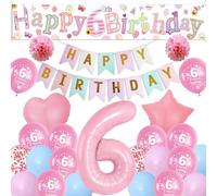 Sheeshee 6th Birthday Decorations Girls - Pink Large Happy 6th Birthday yard Banner, Stars Crowns Number 6 Foil Balloons and paper pompoms for 6 Year Olds Party
