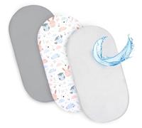 Sheet for Moses Basket Bassinet Crib and Fitted Set of 3: 75 x 35 cm - 2x Sheets + 1x Waterproof Mattress Protector Set Pram Bed Baby Cot Liner Cover Breathable Owls grey