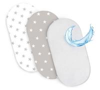 Sheet for Moses Basket Bassinet Crib and Fitted Set of 3: 75 x 35 cm - 2x Sheets + 1x Waterproof Mattress Protector Set Pram Bed Baby Cot Liner Cover Breathable White Gray Stars