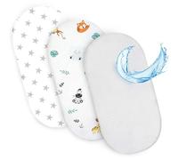 Sheet for Moses Basket Bassinet Crib and Fitted Set of 3: 75 x 35 cm - 2x Sheets + 1x Waterproof Mattress Protector Set Pram Bed Baby Cot Liner Cover Breathable Safari white