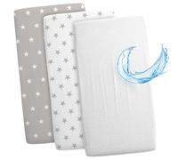 Sheet for Moses Basket Bassinet Crib and Fitted Set of 3: 83 x 50 cm - 2x Sheets + 1x Waterproof Mattress Protector Set Pram Bed Baby Cot Liner Cover Breathable White Gray Stars