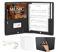 Sheet Music Folder, 3 Ring Choral Muisc Folder with 30 Binder Sheets,13"x10.2" PU Leather Music Binder Black with Elastic Band and Handle Fits Letter Size 8.5 x 11 inch