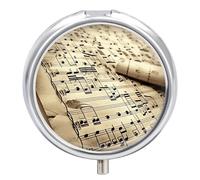 Sheet Music Pill Organizer 3 Compartment Travel Pillbox with Mirror Daily Medicine Pill Case Metal Pill Box for Purse & Pocket Portable Small Medicine Box Round Vitamin Case Container