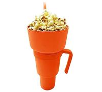 SHEETA Orange 32 oz Stadium Tumbler Popcorn Cup Snack Bowl Combo with Straw, 2 in 1 Cup Bowl, BPA-free Plastic, Reusable, Cup Holder-friendly Shape, Perfect for Travel, Movie Night, Sporting Event