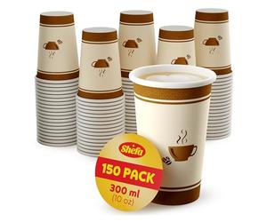 Shefa 10oz, 150 Coffee Cups - Paper Cups for Hot Drinks or Cold Drinks, Hot Cup Takeaway for Coffee Shops - Heat-Resistant Cup, BPA-Free Paper Coffee Cups - Hot Drink Cups