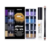 Sheglittary Glitter Lip Kit, Waterproof Smudge Proof, Diamond Shine Waterproof Lip Gloss, Glitter Lips Makeup with Lips Primer and Brush, for parties, masquerades, dance queens (COOL)