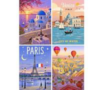 SHEGZHUC 4 Pack Diamond Painting Adult City Poster, 30 x 40 cm Diamond Painting Pictures Santorini Paris Venice Turkey, Mosaic Embroidery Cross Stitch Art Gift, Wall Decoration for Bedroom