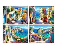 SHEGZHUC 4 Pack Diamond Painting Adult House by the Sea, 40 x 30 cm Diamond Painting Pictures Santorini Islands, Mosaic Embroidery Cross Stitch Art Gift, Wall Decoration for Bedroom, Living Room