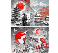 SHEGZHUC 4 Pack Diamond Painting Adult Japan Landscape Mountain Fuji, 30 x 40 cm Diamond Painting Pictures Samurai Ninja Geisha, Mosaic Embroidery Cross Stitch Art Gift, Wall Decoration for Bedroom