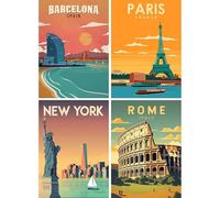 SHEGZHUC 4 Pack Diamond Painting City Poster 30 x 40 cm Diamond Painting Vintage Poster Diamond Painting Landscape Travel Poster Diamond Painting Art Embroidery Cross Stitch Pictures Gift Wall