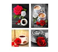 SHEGZHUC 4 Pack Diamond Painting Coffee Cup 30x40cm Diamond Painting Coffee Time 5D Diamond Coffee Morning White Red Rose Diamond Painting Flowers Diamond Puzzle Rose Coffee Signs Kitchen Decor