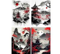 SHEGZHUC 4 Pack Diamond Painting Japanese Landscape 30 x 40 cm Red Landscape Moon Attic Mountain Fuji Mosaic Diamond Painting Art Embroidery Cross Stitch Pictures Gift Wall Decoration