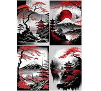 SHEGZHUC 4 Pack Diamond Painting Mountains Landscape Lakes 30 x 40 cm Red Moon Bridge Attic Japan Abstract Diamond Painting Embroidery Wall Decoration Mount Fuji