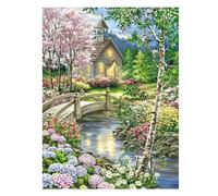 SHEGZHUC 40 x 50 cm Diamond Painting Forest Landscape Houses Diamond Painting Pictures Bridges Diamond Painting Cherry Tree Cherry Blossom Lakes Diamond Painting Embroidery Cross Stitch Pictures Gift