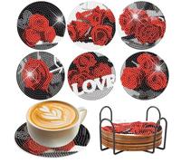 SHEGZHUC Diamond Coasters, 6Pcs Roses Flower Motif Glass Coasters, DIY Diamond Painting Kit, Heat Resistant, Non-Toxic, Self-Adhesive, Home Decor, Gift for Wedding, Housewarming, Birthday
