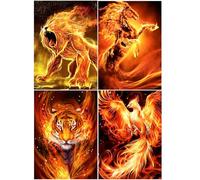 SHEGZHUC Diamond Painting Animals Flames Set of 4 30 x 40 cm Diamond Painting Flames Lion Horse Tiger Phoenix 5D Diamond Painting by Numbers Lion Horses Tiger Phoenix Fire Craft Buddy Crystal Art
