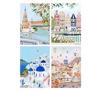 SHEGZHUC Diamond Painting Cartoon Cityscapes Set of 4 30 x 40 cm Spain Netherlands Greece Türkiye Diamond Painting City by the Sea Flowers Tulips Hot Air Balloon Diamond Painting Landscape Bridges