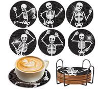 SHEGZHUC Diamond Painting Coasters Skull Set of 6 Acrylic Round Black Drink Coasters