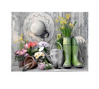 SHEGZHUC Diamond Painting Gardening 50 x 40 cm Diamond Painting Flowers Straw Hat Watering Can Rain Boots Shovel Hook Shoes