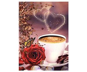 SHEGZHUC Diamond Painting Round Coffee 30 x 40 cm Coffee Diamond Painting Diamond Art Coffee Cup Diamond Painting Flowers Diamond Puzzle Rose Diamond Painting Tea Flower Heart Diamond Art
