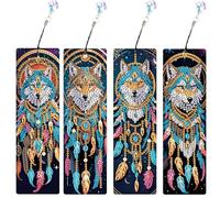 SHEGZHUC Set of 4 Diamond Painting Bookmarks Craft Dream Catcher Wolf Animals Blue Diamond Painting Bookmark Mosaic Diamond Painting Embroidery Cross Stitch Pictures Art Gift