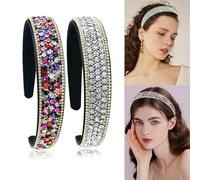 SHEHARUHI 2 Pieces Gorgeous Rhinestone Headbands Fashion Hair Accessories Glitter Sparkly Crystal Diamond Headbands for Girls Women(Silver, Rainbow)