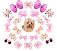 SHEHARUHI 24Pcs Cute Dog Hair Bows with Elastic Rubber Bands Handmade, Small Size Puppy Dog Hair Accessories with Butterfly Flower for Pets Cats Hair Grooming(Orange and Pink)