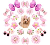 SHEHARUHI 24Pcs Cute Dog Hair Bows with Elastic Rubber Bands Handmade, Small Size Puppy Dog Hair Accessories with Butterfly Flower for Pets Cats Hair Grooming(Pink)