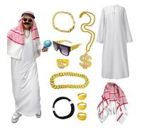 Sheik White Robe White Robe with Headscarf | White Arabian Tunic Kit for Men | Neckline Cosplay Accessories for Halloween Party, Theme Party, Carnival