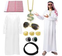 Sheikh Costume Men, 10 Pieces Arab Costume Men's Set with Arabic White Robe, Headscarf, Finger Ring, Sunglasses, Fancy Dress Costume Arabian Sheikh Costume Men for Carnival Party Cosplay XXL