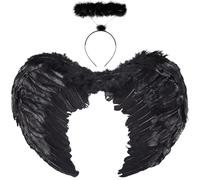Sheinly Fallen Angel Wings and Halo Halloween Feather Dark Angel Wings Costume Adults Kids Black Angle Costume Black Angle Wings Outfit for Halloween Christmas Party